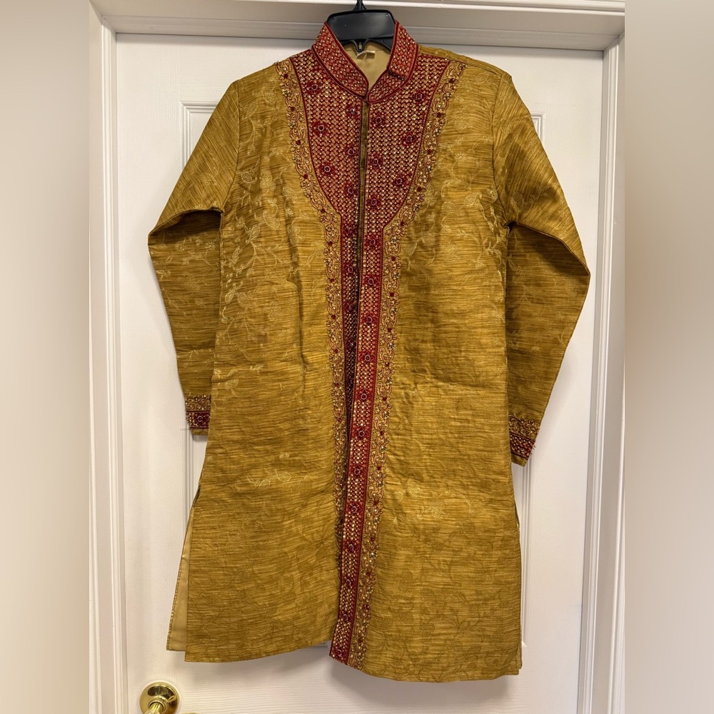 NWTA Boys Embroidered 3 piece Gold and Red Sherwani Set Boys Size 12